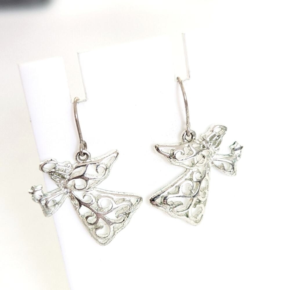 Vintage Silver Tone Filigree Open Work Holiday Christmas Angel Hook Earrings